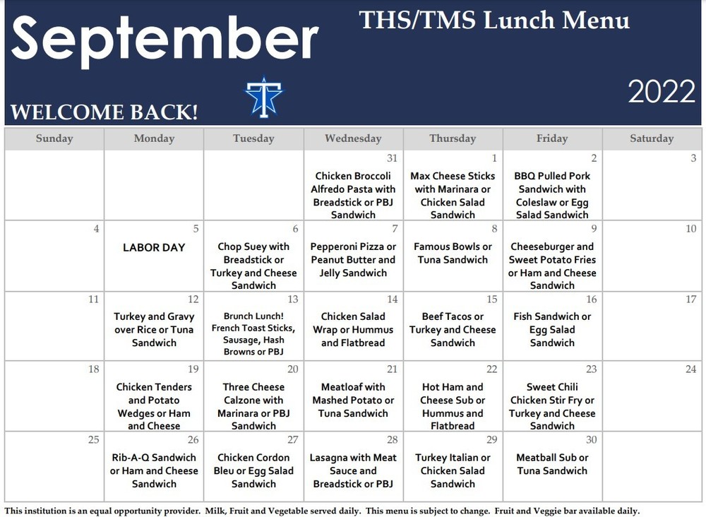 September Lunch Menu Telstar Middle School
