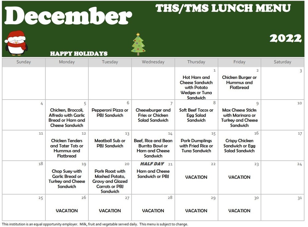 December Lunch Menu Telstar High School December Lunch Menu Telstar High School