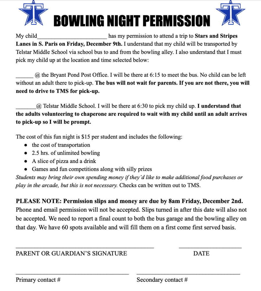 Bowling Permission form due 