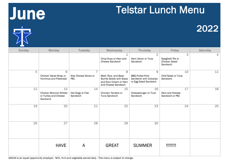 June Lunch Menu Telstar Middle School June Lunch Menu Telstar Middle School